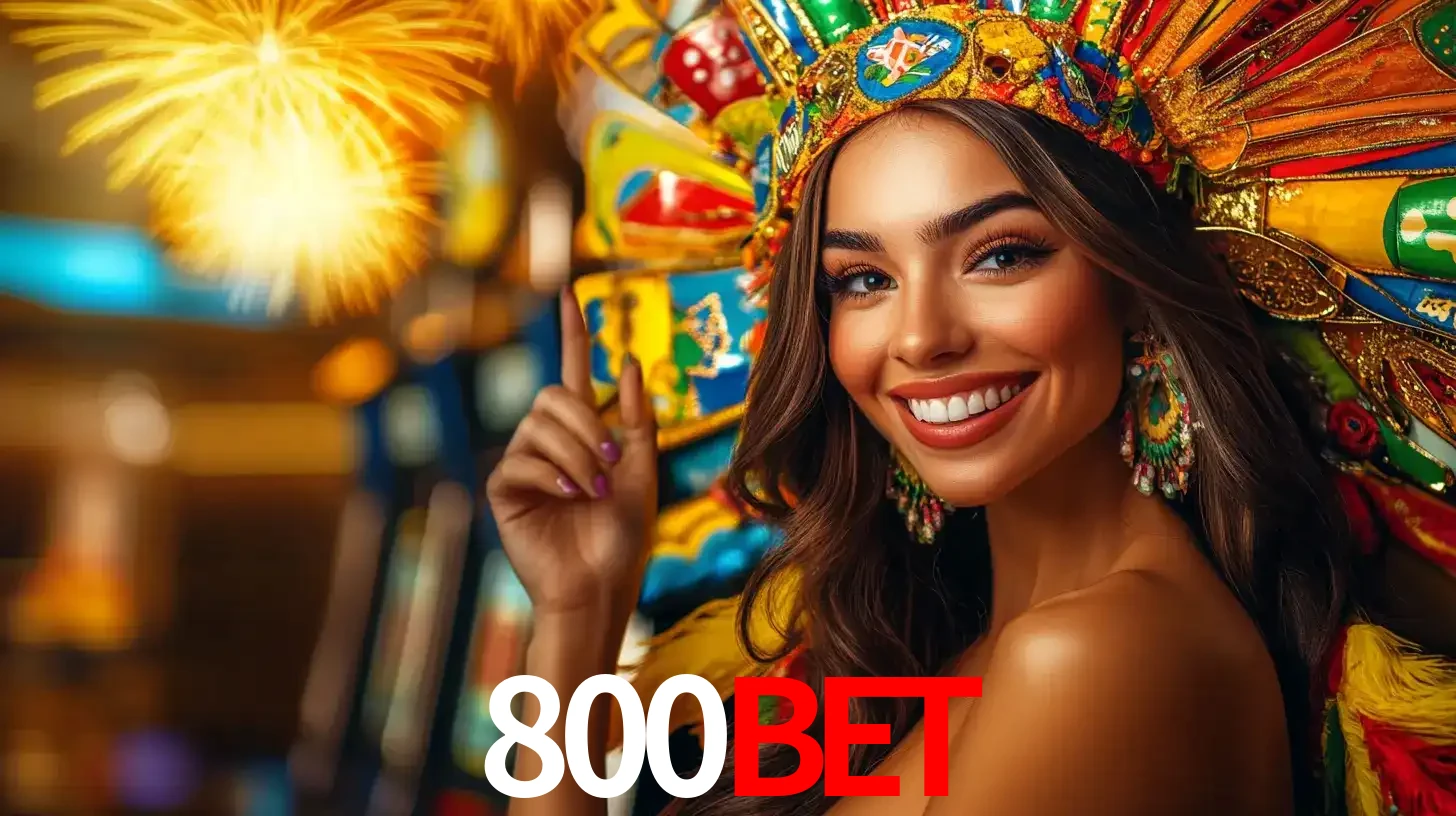 Mulher sorridente com um cocar de carnaval vibrante e colorido, celebrando uma grande vitória nos jogos do cassino 800BET com fogos de artifício ao fundo.