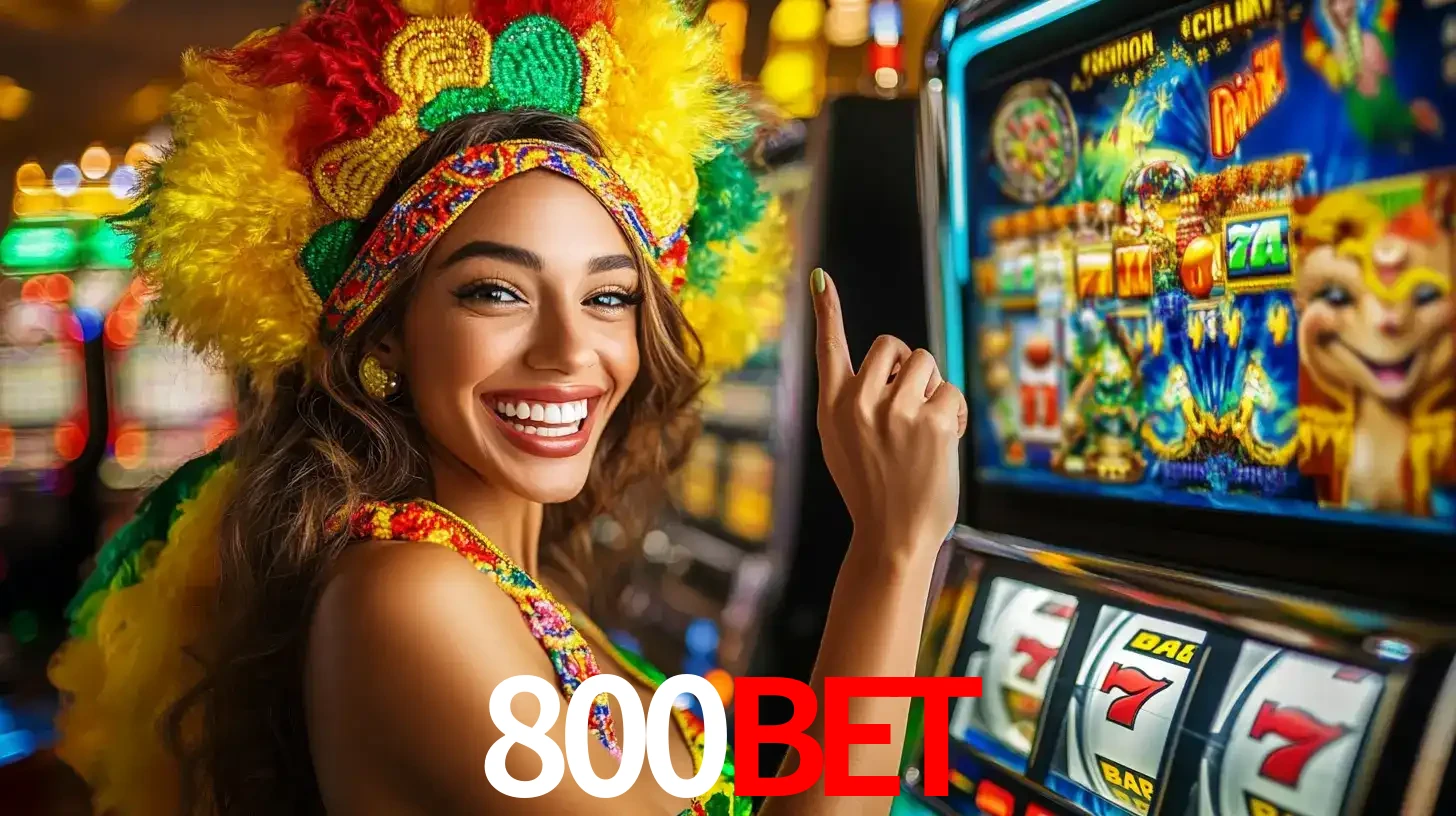 Mulher animada com um cocar de carnaval apontando para uma máquina de caça-níqueis, mostrando a emoção de ganhar um grande prêmio nos jogos do 800BET.