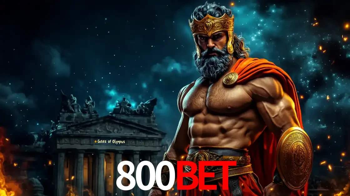 O poderoso Zeus do jogo de slot Gates of Olympus em frente ao seu templo, pronto para lançar multiplicadores divinos e prêmios épicos no cassino online 800BET.