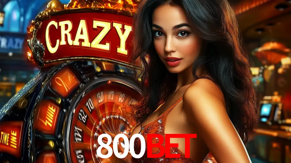 Mulher glamourosa olhando para a câmera com a roda vermelha do Crazy Time ao fundo em um ambiente de cassino, destacando a emoção dos jogos ao vivo no 800BET.