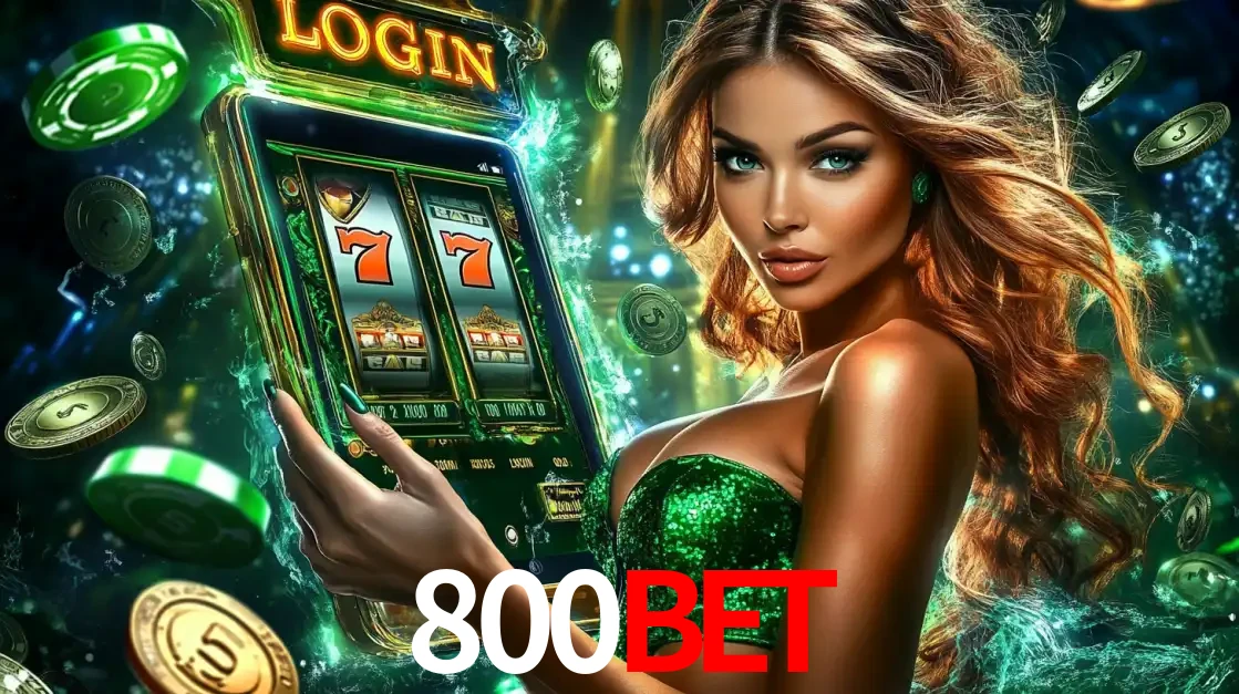 Mulher com tema verde apresentando o aplicativo do cassino 800BET com um jogo de slot de 777, cercada por fichas de cassino e uma aura de sorte.