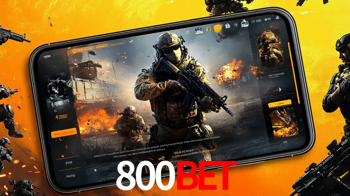 Um smartphone exibindo a interface de um jogo de tiro em primeira pessoa, com um soldado em um cenário de batalha, representando a ação dos e-sports para apostar no 800BET.