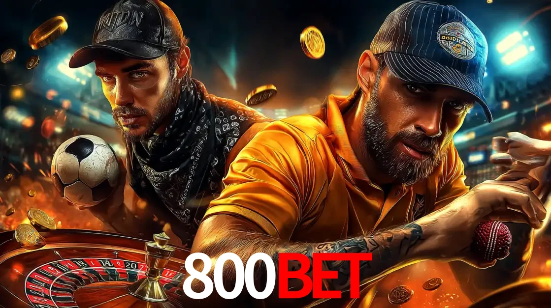 Montagem de apostas esportivas e cassino no 800BET, com um homem segurando uma bola de futebol e outro uma de beisebol sobre uma roleta e moedas voadoras.