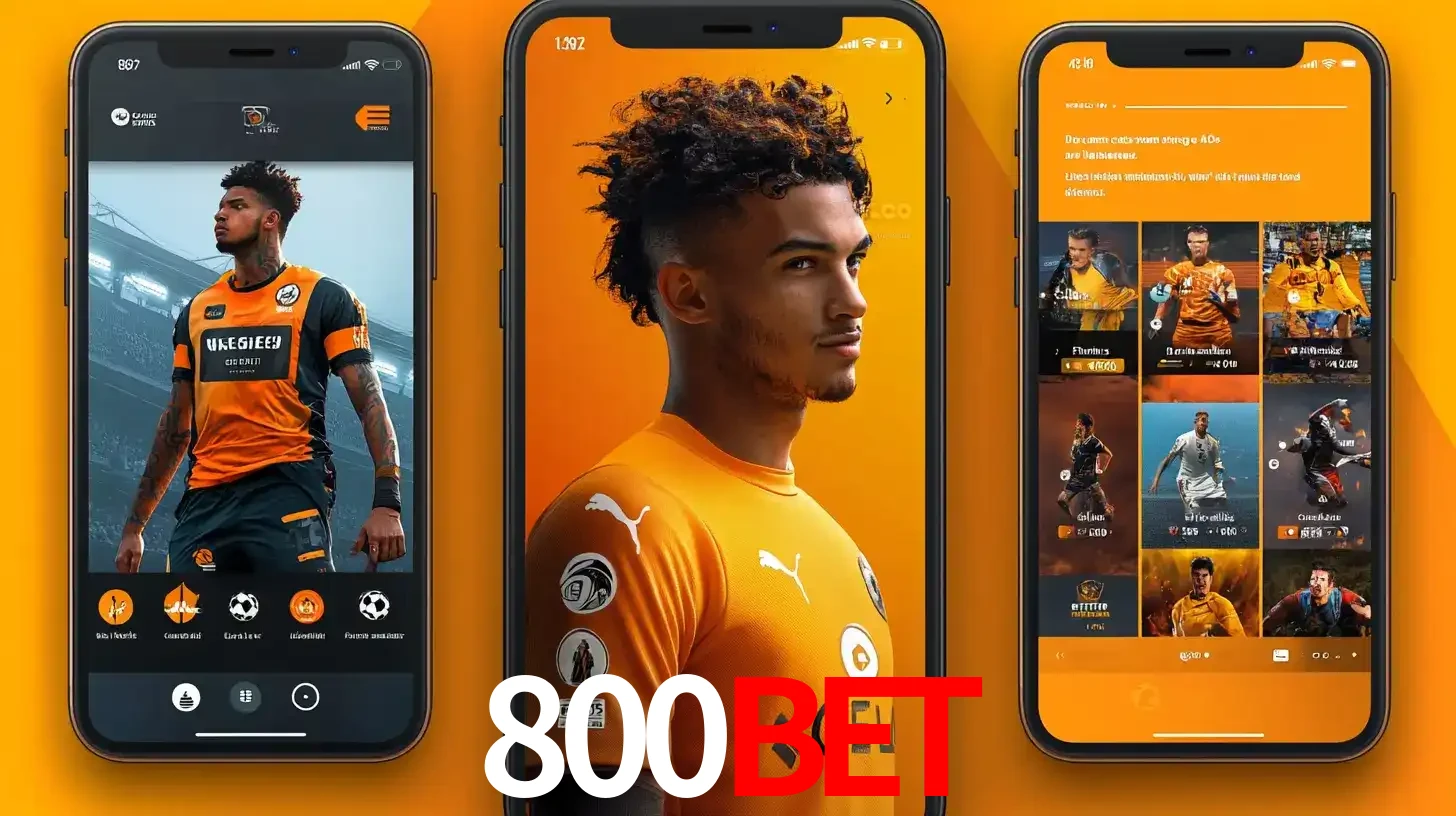 Interface do aplicativo de apostas esportivas 800BET em três telas de celular, mostrando o perfil de um jogador de futebol e a lista de jogos disponíveis para apostar.