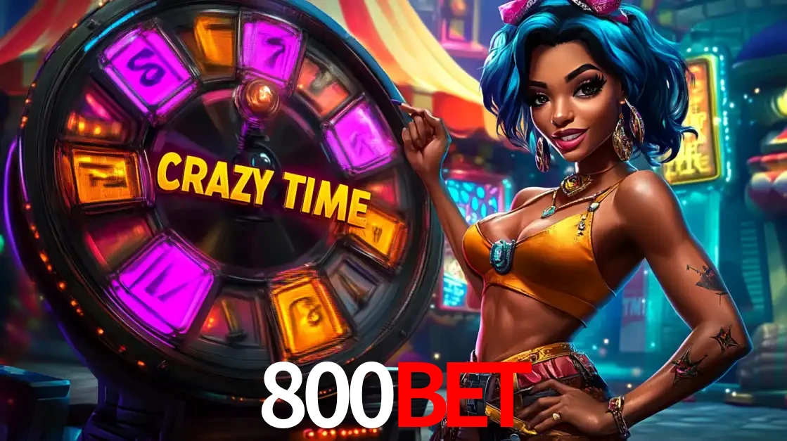 Mulher estilizada com cabelo azul e visual vibrante posando ao lado da roda de prêmios do game show Crazy Time, convidando para a diversão e os bônus do cassino 800BET.