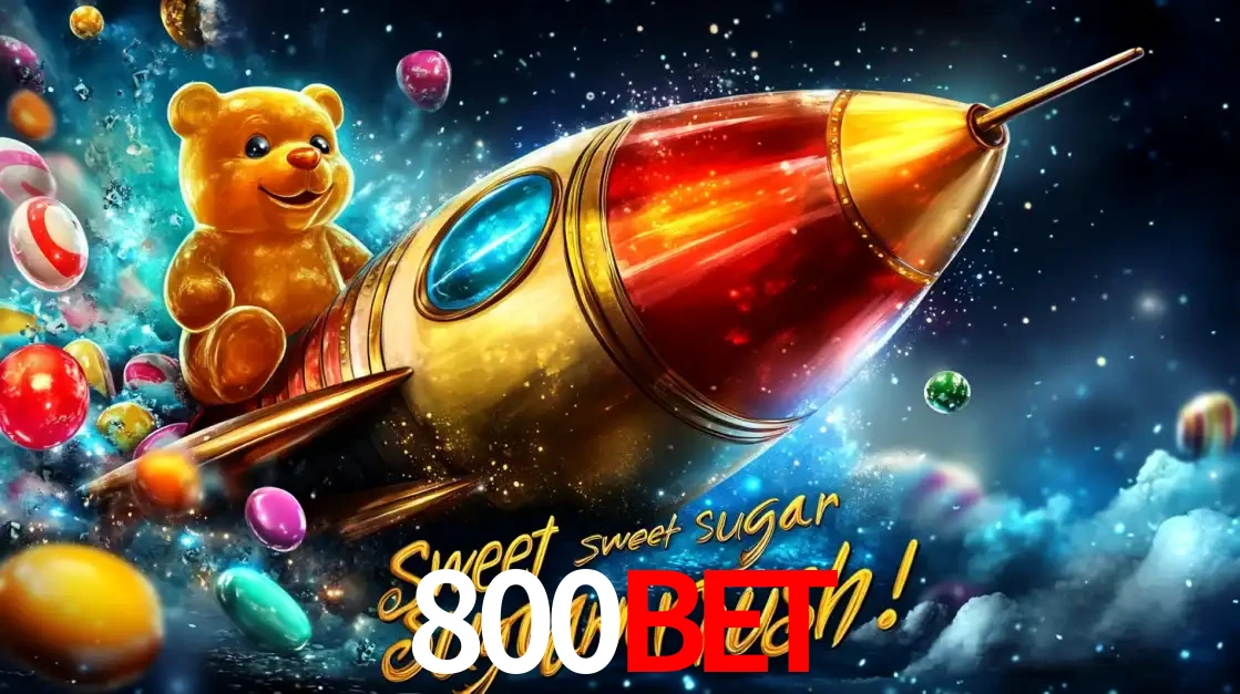 Arte promocional do jogo de slot Sugar Rush, com um urso de pelúcia em um foguete viajando pelo espaço de doces, um dos jogos divertidos disponíveis no cassino 800BET.