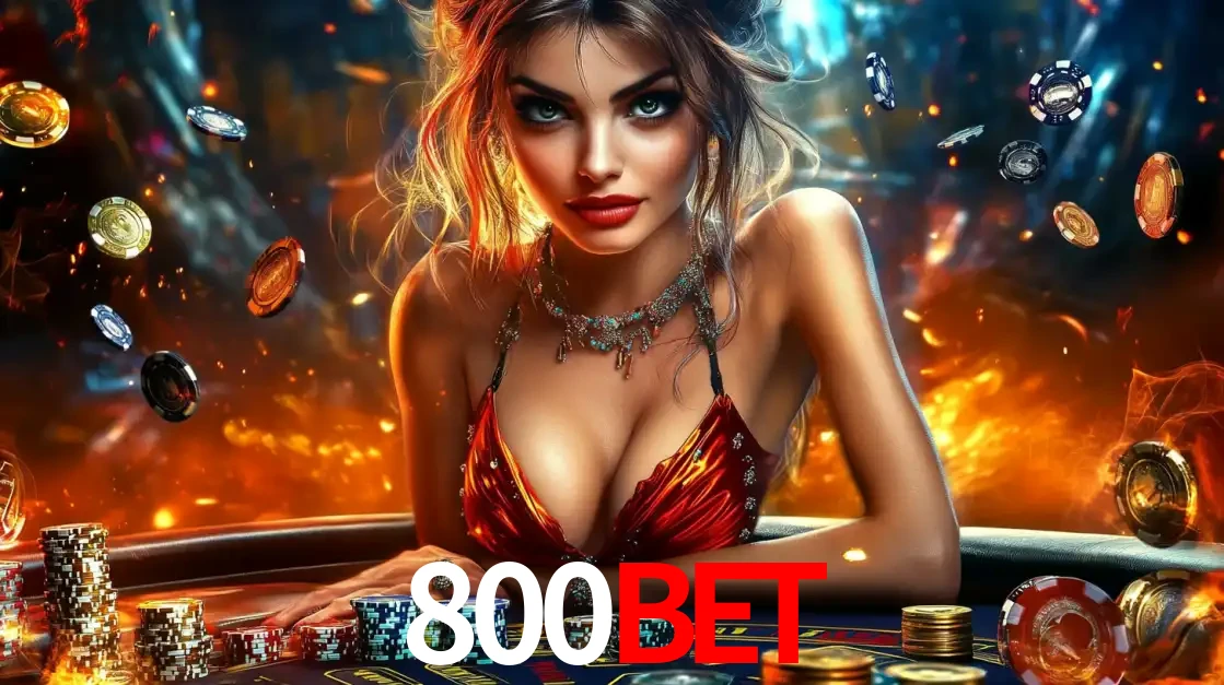 Mulher em uma mesa de cassino com pilhas de fichas e um fundo de fogo, pronta para uma rodada de altas apostas nos jogos de mesa emocionantes do cassino 800BET.