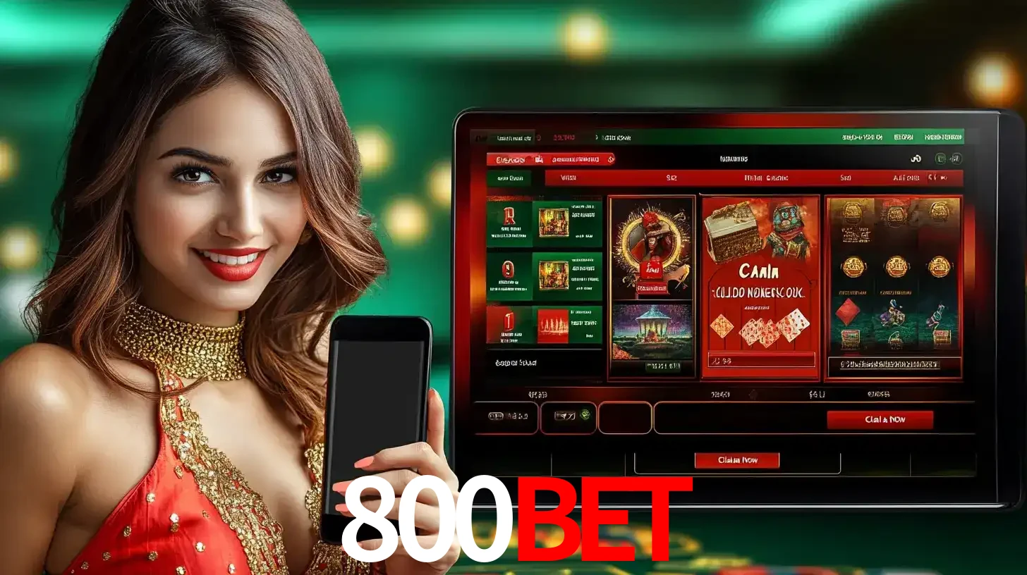 Mulher sorridente segurando um smartphone, ao lado de uma tela exibindo o lobby de jogos do cassino online 800BET, com várias opções de jogos de cartas e slots.